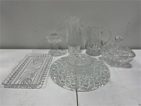 CRYSTAL JUG, CAKE PLATE, VASE, TRAY, CANDY DISH, COVERED DISH (11” TALLEST)