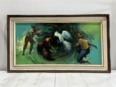 RARE LARGE FRAMED OIL PAINTING OF MEXICAN COCK FIGHT (55”x31”)