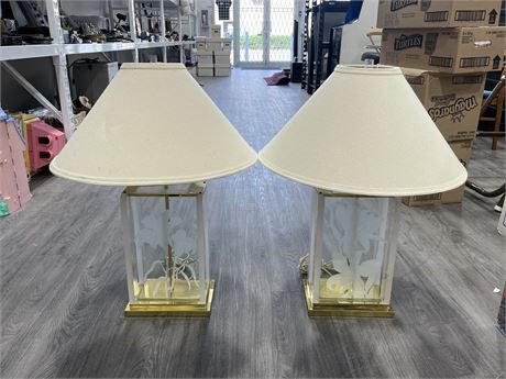 2 RARE FREDRICK RAMOND ETCHED LUCITE LAMPS - 29” TALL