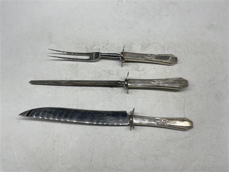 NORTHUMBRIA STERLING SILVER 3 PIECE CARVING SET LAURIER PATTERN
