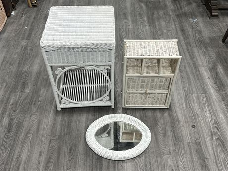3 PIECES OF WHITE WICKER DECOR / FURNITURE (tallest is 25”)