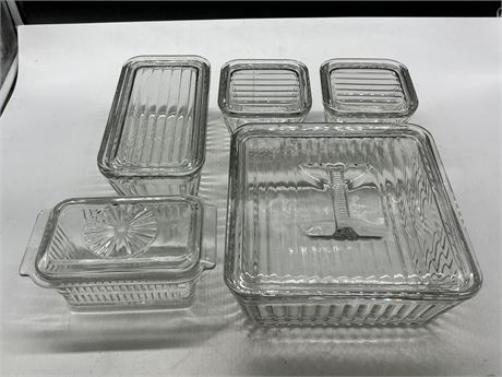 5 GLASS DISHES W/LIDS - 4 MARKED ANCHOR HOCKING (Largest is 9”x9”)