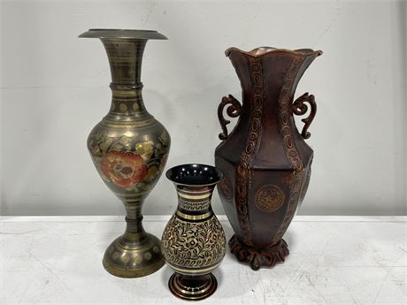 3 DIFFERENT SIZE VASES (2 BRASS - TALLEST IS 13.5”)