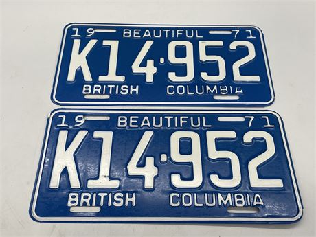NEW OLD STOCK PAIR OF BC LICENCE PLATES 1971