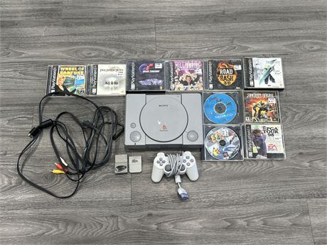 PLAY STATION 1 CONSOLE W/ CORDS, CONTROLLER, MEMORY CARDS & GAMES