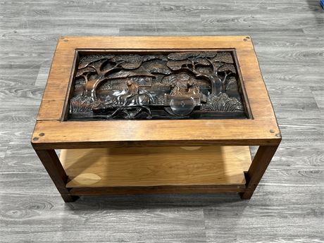 CHINESE THEME CARVED COFFEE TABLE (Needs glass top, 21”x31”x18”)