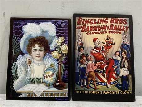 RINGLING BROS & COCA COLA RETRO WALL SIGNS (LARGEST IS 15”X10.5”)