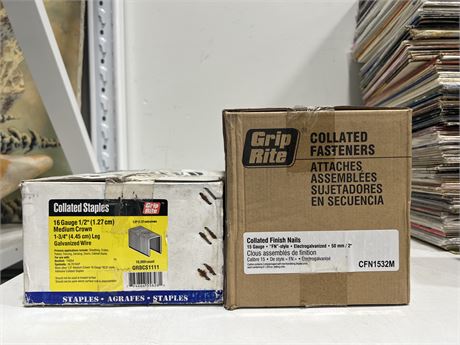 BOX OF COLLATED STAPLES & BOX OF GRIP RITE COLLATED FINISHING NAILS