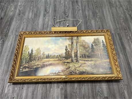 VINTAGE WOODLAND PATH LITHOGRAPHY BY LORENZ IN ORNATE FRAME - 55”x30”