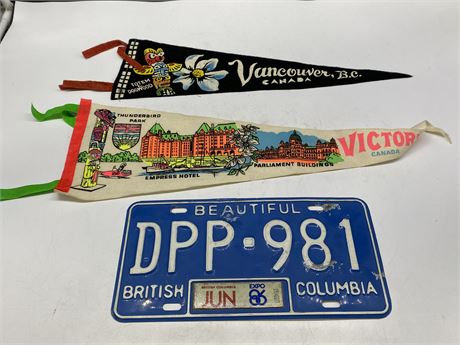 2 VINTAGE PENNANTS & EXPO 86 LICENSE PLATE