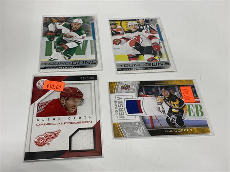 2 NHL JERSEY CARDS & 2 YOUNG GUNS CARDS