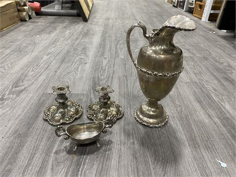 “VIKING 805” SILVER CANDLE STICKS, PITCHER AND DISH