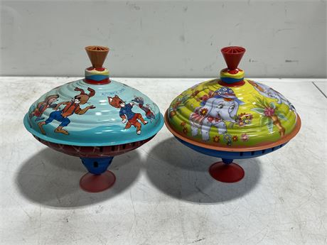 2 VINTAGE GERMAN SPINNING TOP TOYS (9” tall)
