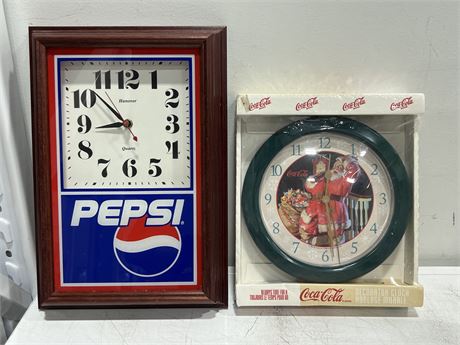 PEPSI & COCA COLA WALL CLOCKS (Pepsi is 14”x9.5”)
