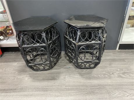 2 VINTAGE WICKER BAMBOO SIDE TABLE / PLANT STANDS 17”x18”