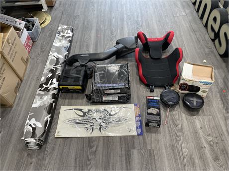 LOT OF MISC CAR ACCESSORIES INCL: DECALS, MOTOMASTER BATTERY CHARGER, ETC