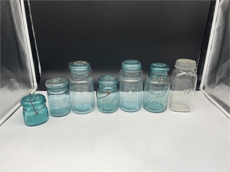 7 VINTAGE BLUE GLASS / GLASS MASON JARS 8” TALL