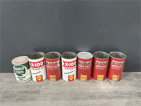 7 VINTAGE OIL CANS - QUAKER STATE IS SEALED AND FULL