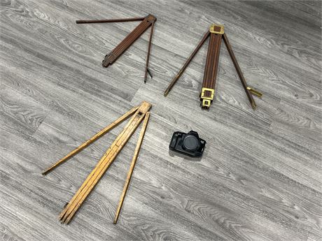 3 VINTAGE WOODEN TRIPODS WITH CANON E05 650 CAMERA