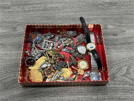 SMALL BOX OF ASSORTED BROOCHES, PINS, WATCHES & ECT