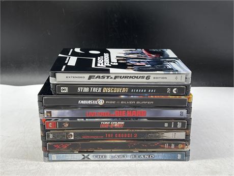 9 ASSORTED STEEL CASE DVDS & BLURAY
