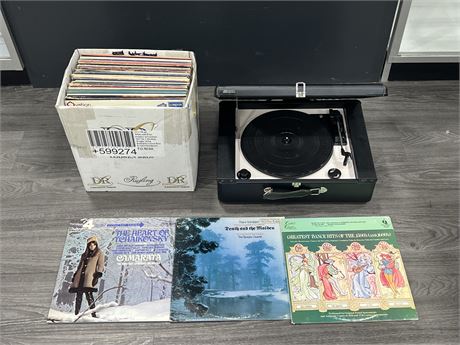 BOX OF CLASSICAL RECORDS AND JENSEN RECORD PLAYER