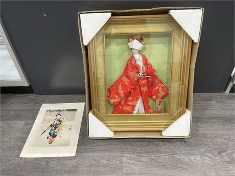 LARGE SHADOW BOX JAPANESE DOLL WITH PRINT 20”x24”