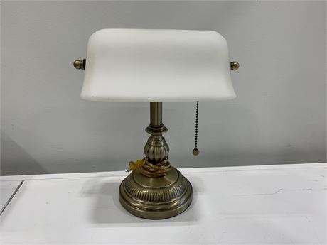 BRASS BASE BANKERS LAMP WITH WHITE SHADE