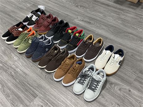 12 BRAND NEW PAIR OF ETNIES SKATE SHOES (APPROX. SIZE MENS 8.5-10)