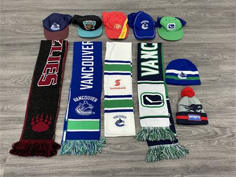 LOT OF SPORTS SCARVES, HATS + TOQUES