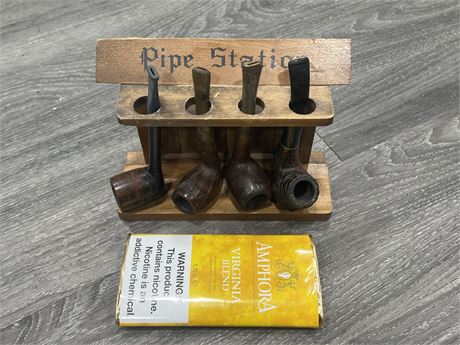 VINTAGE 4 UNIT PIPE STAND W/ PIPES & NEW PACK OF TOBACCO