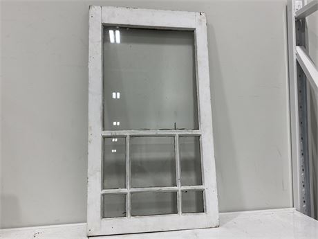 VINTAGE GLASS WINDOW W/ PAINTED WOOD FRAME (20”x36”)