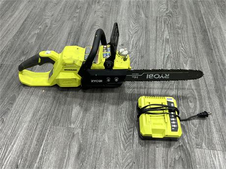 RYOBI 14” BATTERY POWERED CHAINSAW W/BATTERY & CHARGER - WORKS GREAT
