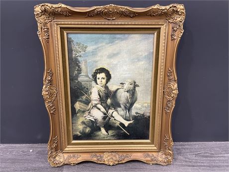 GILT FRAME PICTURE OF SHEPARD BOY & SHEEP (18”X22”)