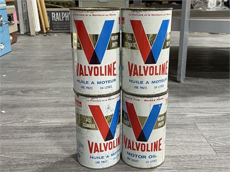 4 VINTAGE VALVOLINE FULL METAL CANS OF OIL
