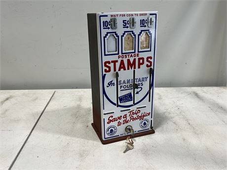 EARLY PORCELAIN SHIPMAN MFG LOS ANGELES COIN OPERATED STAMP MACHINE (16” tall)