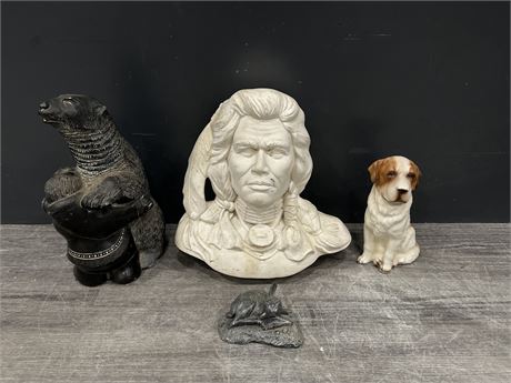 LOT OF VINTAGE COLLECTABLES - STONE CARVINGS, CERAMIC BUST & DOG