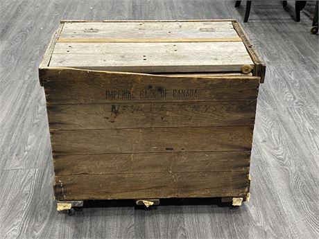 VINTAGE BANK OF CANADA NEW WEST. WOODEN STORAGE BOX (26”X16”X22”)