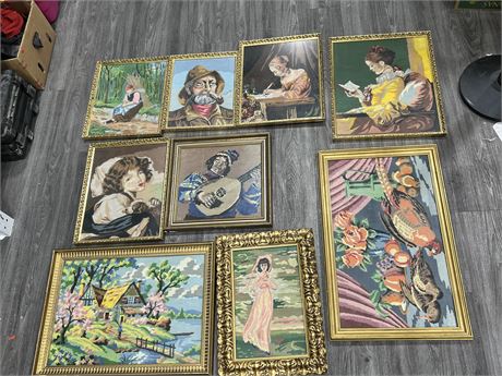 9 NICELY FRAMED NEEDLE POINTS - LARGEST IS 31”x20”