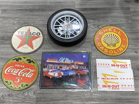 LOT OF METAL SIGNS (LARGEST IS 16”X12.5”), CLOCK, & HATS
