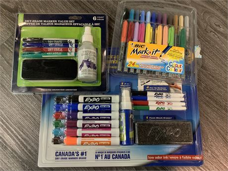 SET OF DRY ERASE BOARD MARKERS/ERASERS & PERMANENT MARKERS