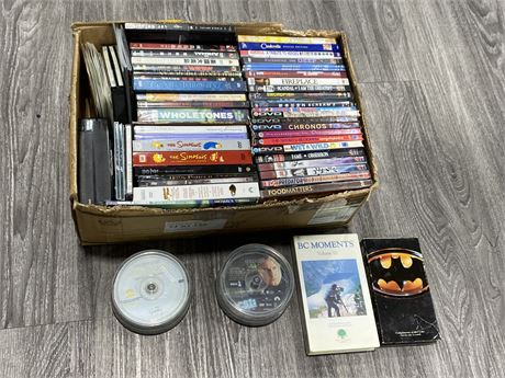 BOX OF DVDS, CD, VHS