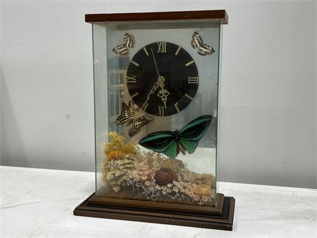 FRAMED BUTTERFLY TAXIDERMY FLORAL CLOCK (15” tall)
