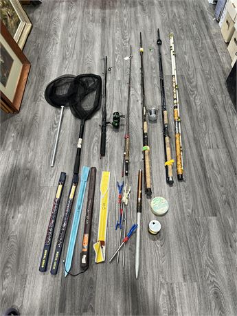 LARGE LOT OF FISHING RODS, NETS & ACCESSORIES