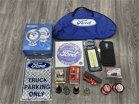 LOT OF FORD / COCA COLA COLLECTABLES INCLUDING NEON CLOCK