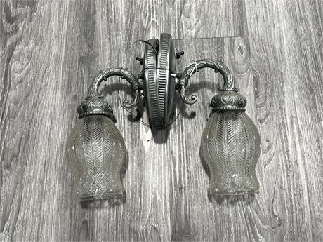 PAIR OF STEEL WALL SCONCE LIGHTS IN HALOPHANE SHADES