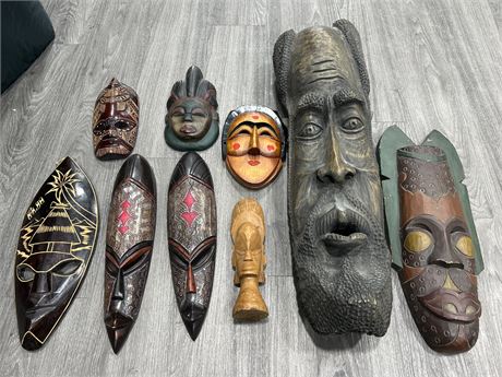 INDIGENOUS STYLE WOOD CARVINGS/MASK - ASSORTED SIZES - 9 TOTAL