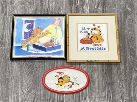 LOT OF 3 VINTAGE GARFIELD PICTURES - 2 NEED POINT (LARGEST IS 11.5”X11.5”)