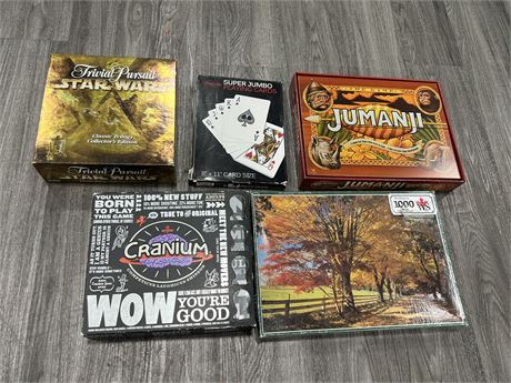 3 BOARD GAMES, SEALED PUZZLE & JUMBO PLAYING CARDS