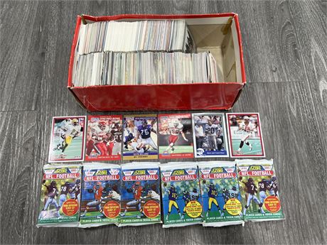BOX OF ASSORTED FOOTBALL CARDS + UNOPENED PACKS